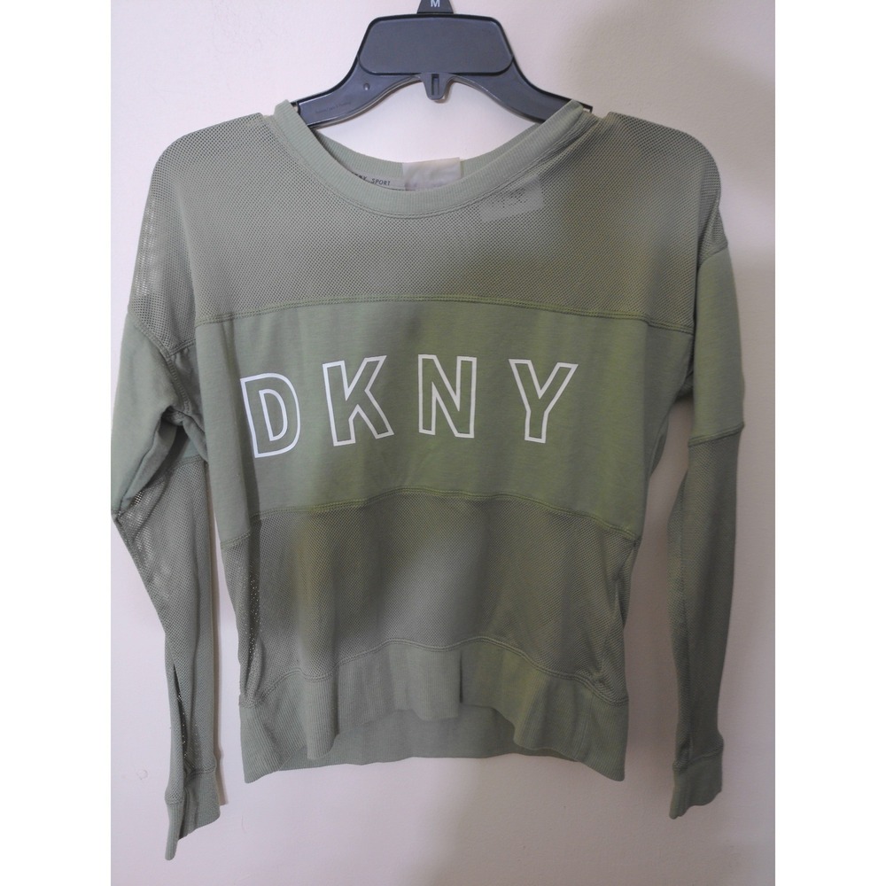 DKNY Sport Mesh Top Womens Medium Green Long Sleeve Graphic Logo Pullover